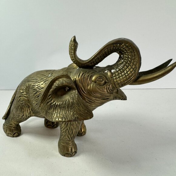 Vintage brass elephant figurine trunk up w/ tusks movable ears